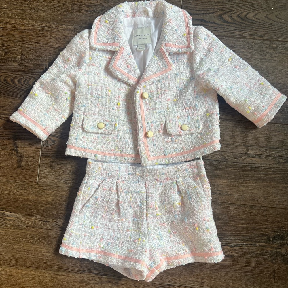 Janie and Jack White Tweed Jacket with Pastel Speckle and Pink Trim (2T)